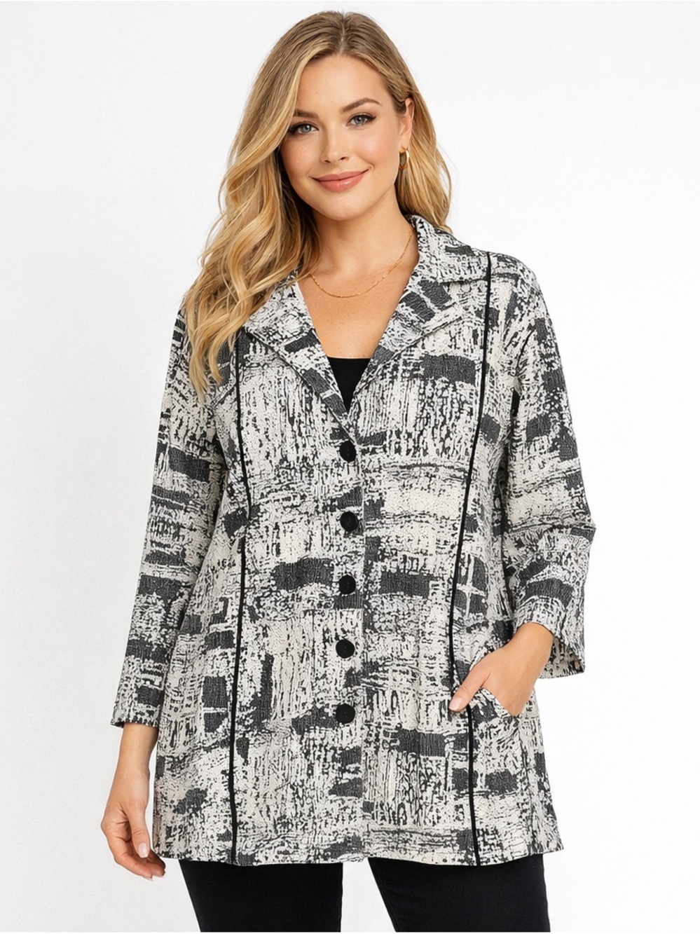 Paper Lace Lagenlook Jacket Top Abstract Black White Button Front Large Artwear